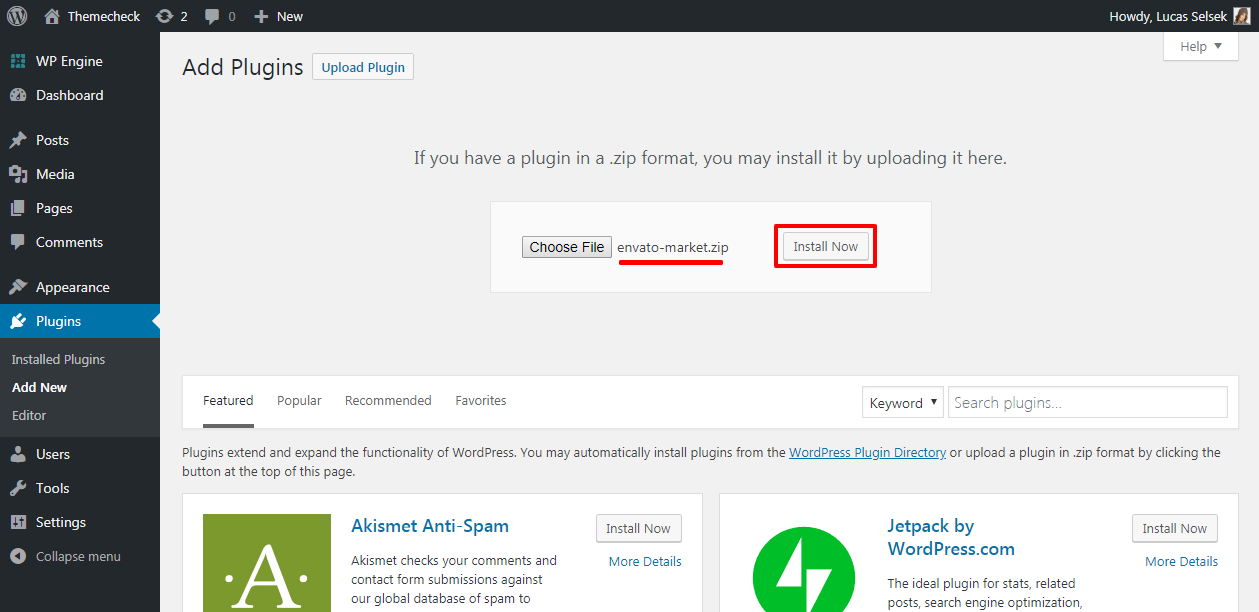 installation of envato market plugin