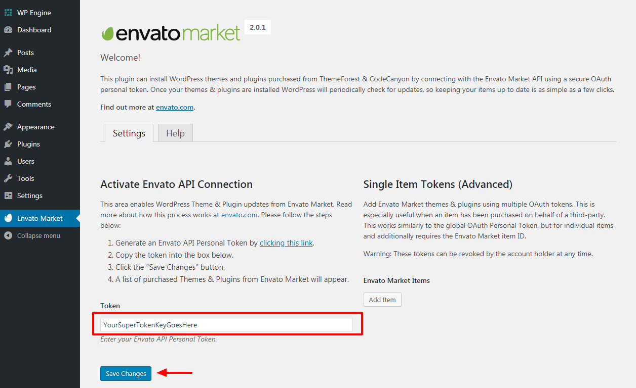 envato market plugin token settings