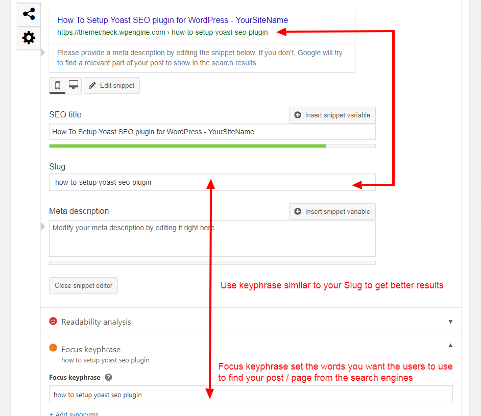 focus keyphrase and slug settings