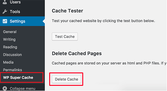 wp super cache clear cache